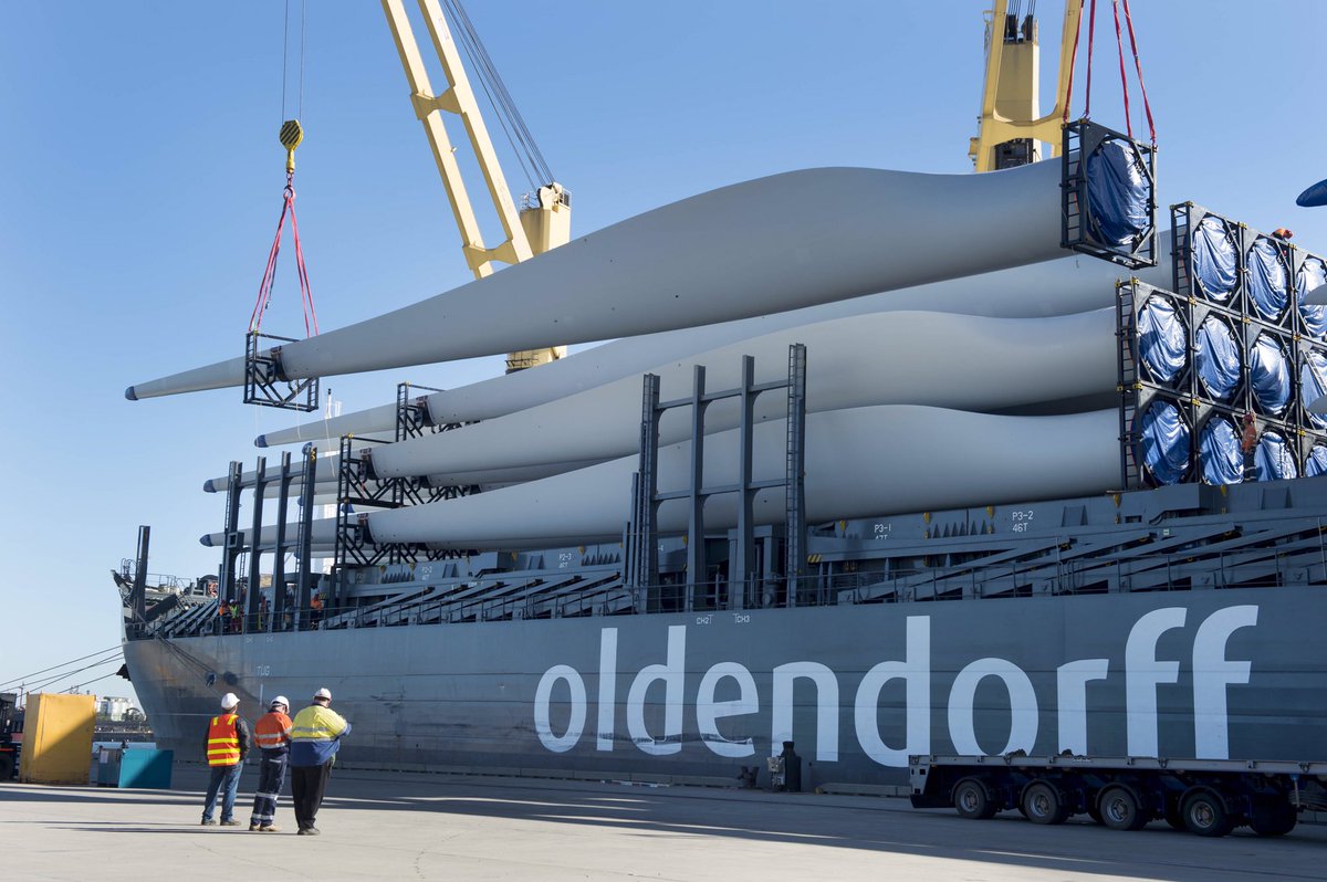 Shipment with eight complete Goldwind 2.5 MW wind turbine generators which are the biggest wind turbine blades arrive in Australia to be transported to site.