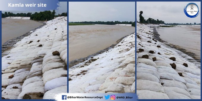 Flood protection work completed at downslope of Kamla weir site at Jhanjharpur. Engineers of WRD Bihar are constantly patrolling all embankments.