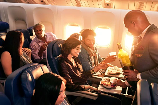 + Flight attendants that serve up a mix of chef-created meals in Delta One, healthful selections with bold flavors in First Class on flights throughout North America and for-purchase selections like Luvo wraps as well as complimentary snacks in the Main Cabin. As a global carrier, Delta has also taken a local and regional approach to all of its menus including those originating across the globe.