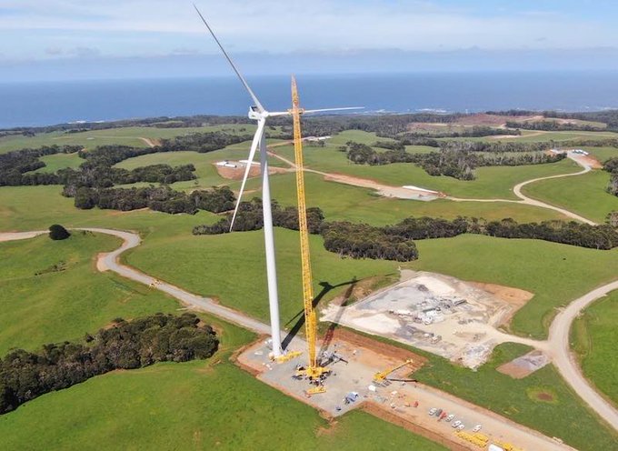 The first of 21 wind turbines installed.