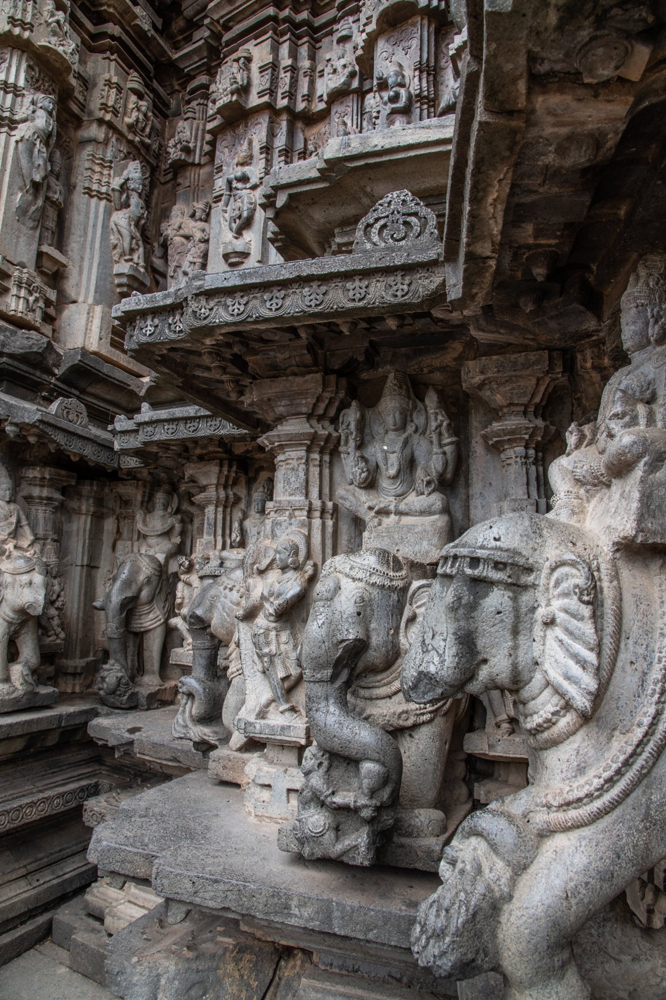 Elephant carvings adorn the exterior of the temple.