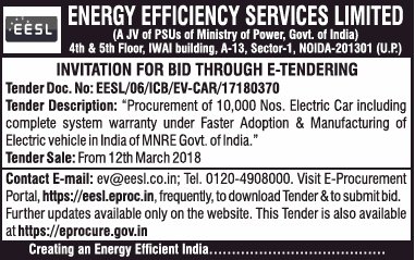 EESL issues 2nd tender for procurement of a further 10,000 EVs under Faster Adoption and Manufacturing of Electric Vehicles (FAME) scheme.