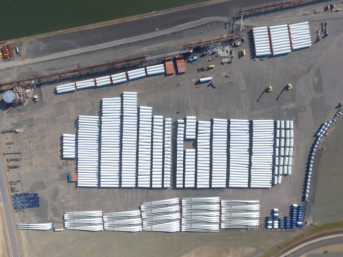 Vestas towers, nacelles, blades and rotors at the Port of Newcastle, awaiting transport up to the Sapphire Wind Farm.