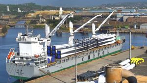 The third shipment of Biala Wind Farm wind turbines arrived at Port Kembla last week. The cargo included eight complete wind turbines, including 24 blades – each 70m long, with a combined weight of 574,800kg (net weight 486,000kg).