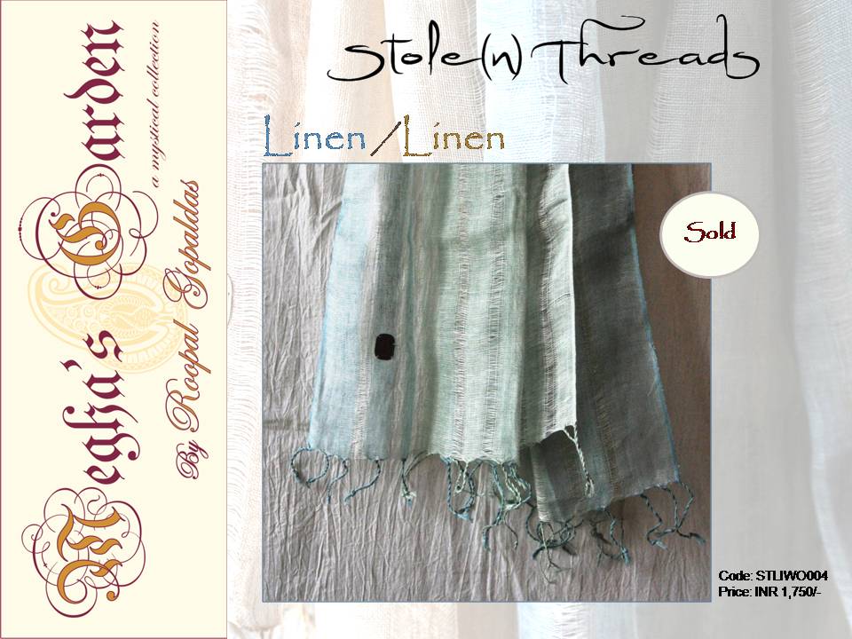 Code: STLIWO004 - SOLD - Manju Talreja, California, USA
An experimental study in weave with Linen in shades of Aqua.
Only single pieces.