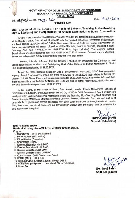 All schools, colleges and universities in Delhi to be shut down completely both for students & staff until 31 Mar. All exams, including Board exams will be held only after 31 Mar.
