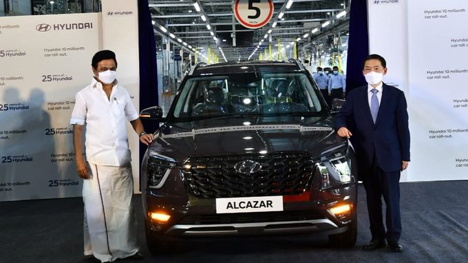 Number of cars rolled out by Hyundai Motor India Ltd. in India. The company reached this milestone on 30 Jun 2021. The 10 millionth car was formally rolled out by Tamil Nadu Chief Minister M. K. Stalin, and S. S. Kim, MD & CEO at the company's factory in the state.