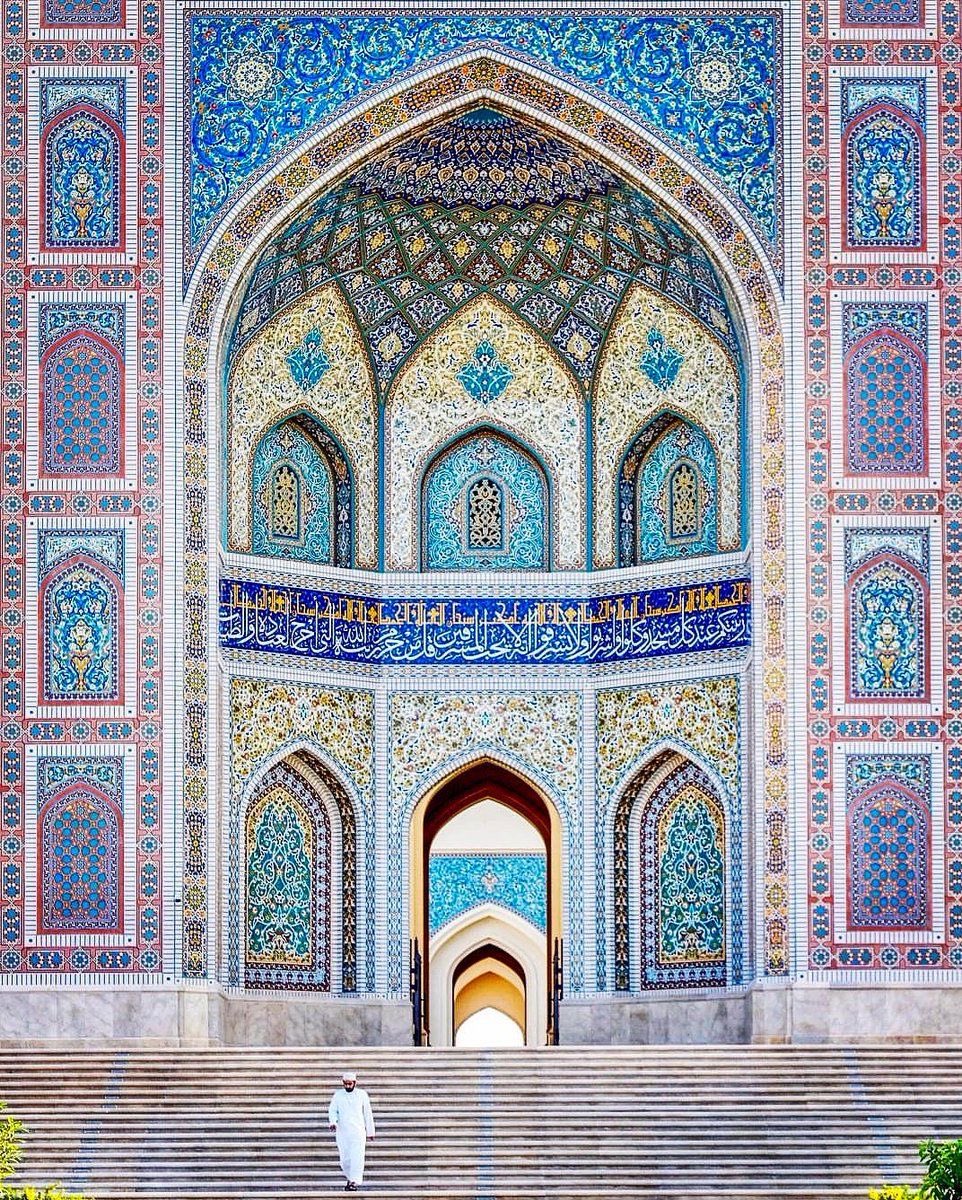 Sultan Qaboos Grand Mosque in Sohar, Oman. Inaugurated in 2018 and influenced by Persian and central Asian blue Islamic architectural styles with touches of traditional Omani architectural elements that make it unique.
