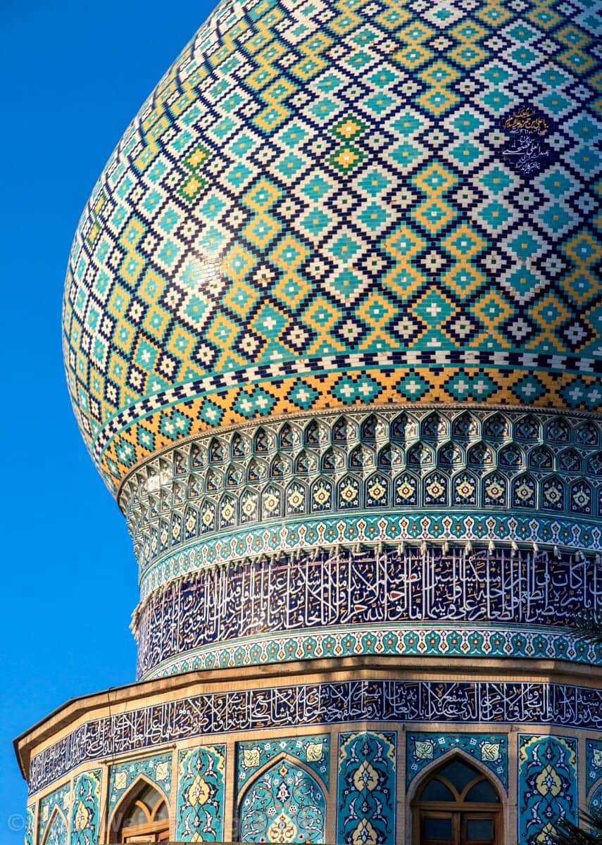 Ali Ibn Hamzeh Holy Shrine, Shiraz, Iran. Constructed in pre-Seljuk times to honour a relative of the fourth Imam. Renowned for its blue tiles, its two minarets, exterior dome, entrance vestibule and courtyard rooms, date from the late 18th and 19th centuries.