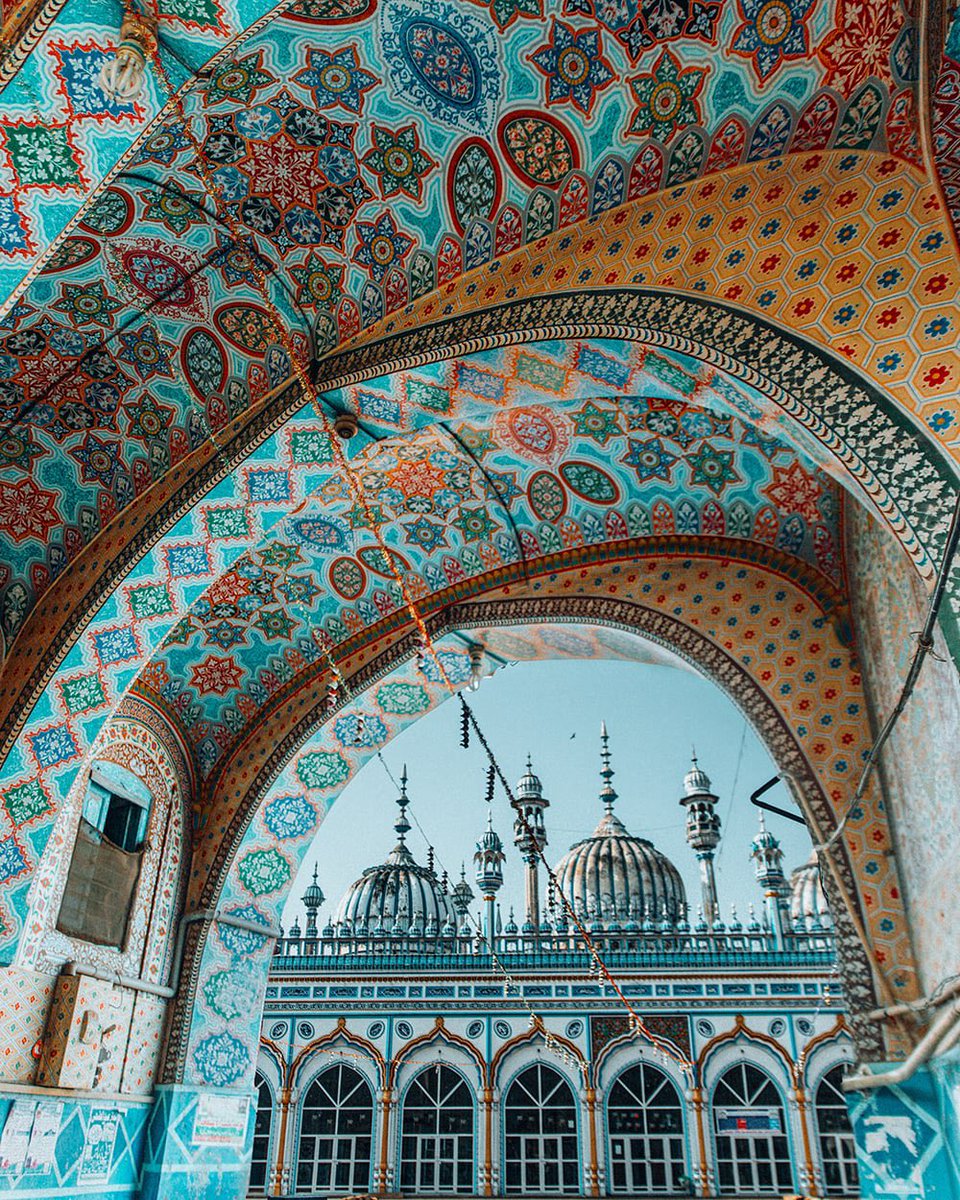 Markazi Jamia Masjid, Rawalpindi, Pakistan. One of the oldest mosques in Rawalpindi and an architectural beauty. Built almost 100 years ago, the mosque still stands tall among historical sites of the city due to its blue and turquoise mosaics and glass artwork.
