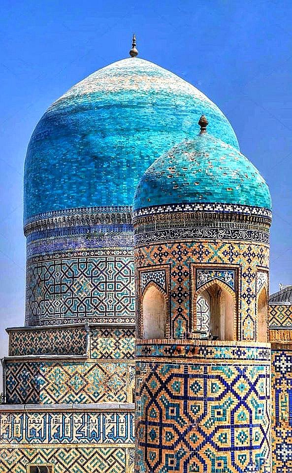 Tilla Kari Madrasah, Samarkand, Uzbekistan. Built in the 17th century as the last, largest and most embellished structure of the famed Registan Square. It's name means ‘gold-covered', referring to the lavish decoration of its domed chamber. It is covered in blue tiles.
