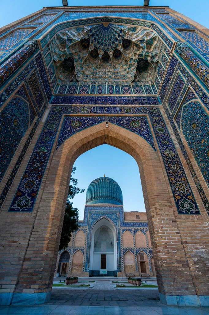 Gur-E-Amir Mausoleum, Samarkand, Uzbekistan. Persian for "Tomb of the King" contains the tombs of Tamerlane, his sons, grandsons and Timur's teacher. The earliest part of the complex was built at the end of the 14th century. Renowned for its blue & turquoise tiles.